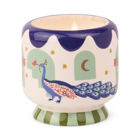 Paddywax A Dopo Peacock Ceramic Candle in Misted Lime, cream vessel with peacock illustration, blue scallop rim and green striped base.