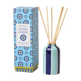 Paddywax A Dopo Eye Ceramic Diffuser in Incense & Smoke, blue two-tone ceramic vessel with 5 natural reeds and patterned gift box