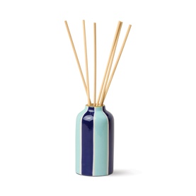 Paddywax A Dopo Eye Ceramic Diffuser in Incense & Smoke, blue and mint striped ceramic vessel with 5 natural reed sticks