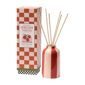 Paddywax A Dopo Tomato Ceramic Diffuser in Heirloom Tomato, pink and red striped ceramic vessel with 5 natural reeds and checkered gift box.