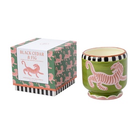 Paddywax A Dopo Tiger Ceramic Candle Black Cedar & Fig, green vessel with pink tiger motif, shown with matching gift box