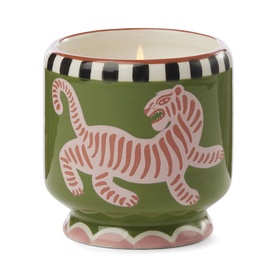 Paddywax A Dopo Tiger Ceramic Candle in green with pink tiger motif, black and white striped rim, Black Cedar & Fig scent