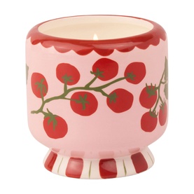 Paddywax A Dopo Tomato Vine Ceramic Candle in pink vessel with red tomato vine print, striped base, and single cotton wick
