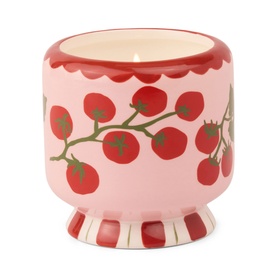 Paddywax A Dopo Tomato Vine Ceramic Candle in pink with red tomato vine print, scalloped rim, and striped footed base