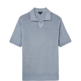 Reiss soft blue knitted polo shirt with open collar and short sleeves, no buttons