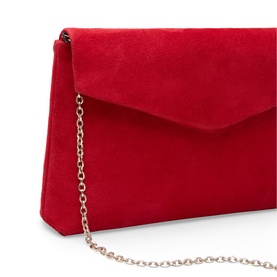Phase Eight red suede envelope clutch bag with gold chain strap, angled front flap detail