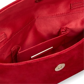Phase Eight red clutch bag interior view, showing red satin lining, card slots, and gold-tone press-stud closure