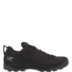 Arcteryx men's black leather and rubber trail shoe with lugged rubber sole and logo detail, lace-up fastening