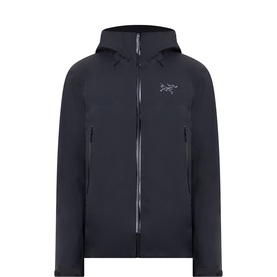 Arcteryx Beta SL Logo Jacket in black with full front zip, adjustable hood, chest logo, and two zipped hand pockets