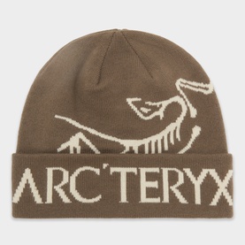 Arc'teryx beanie hat in Mongoose and Sea Salt, featuring large intarsia logo and bird graphic on a ribbed knit cuff