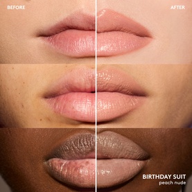 Fenty Beauty Gloss Bomb Stix in Birthday Suit peach nude shown in before-and-after lip swatches across three skin tones