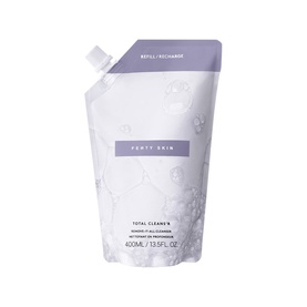 Fenty Skin Total Cleanser refill pouch in lavender-toned packaging, 400ml, with spout cap