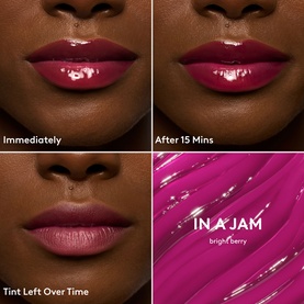 Fenty Beauty Gloss Bomb Burst Lip Luminiser in PINK BLINK shade swatch grid showing immediate wear, after 15 mins, and tint over time