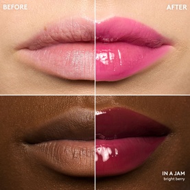 Fenty Beauty Gloss Bomb Burst in Pink Blink: before and after lip swatch shown on two skin tones, delivering glossy colour-intensifying finish.