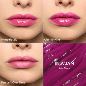 Fenty Beauty Gloss Bomb Burst Lip Luminiser in Pink Blink: four-panel swatch showing colour progression on lips over time, with In A Jam shade shown.