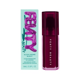 Fenty Beauty Gloss Bomb Burst Lip Luminiser in Pink Blink, deep berry gloss tube with teal branded box