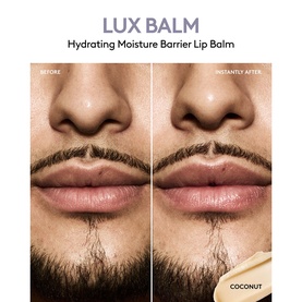 Fenty Skin Lux Balm Hydrating Moisture Barrier Lip Balm before and after comparison showing hydrated lips, Coconut variant