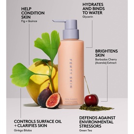 Fenty Skin cleanser in peach pump bottle surrounded by key ingredients: fig, quince, ginkgo biloba, acerola cherry, and green tea.