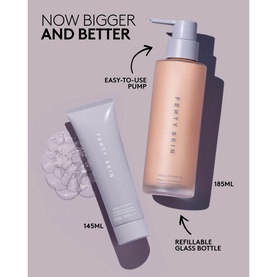 Fenty Skin cleanser duo showing 145ml tube and 185ml refillable glass bottle with pump, styled on lilac background with size callouts.