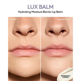 Fenty Skin Lux Balm Hydrating Moisture Barrier Lip Balm before and after comparison showing plumper, smoother lips in shade Barbados Cherry