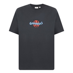 Gramicci Ladybug Logo T-Shirt in black, crew neck, short sleeves, with blue and red ladybug graphic print at chest
