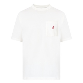 Gramicci One Point Chest Pocket T-Shirt in white cotton with crew neck, short sleeves, and small red logo on chest pocket