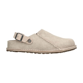 Birkenstock Lutry Oyster Flats in white suede leather, side buckle strap, contoured footbed, neutral sole