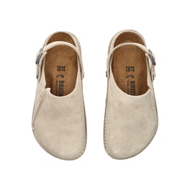 Birkenstock Lutry Oyster Flats in white suede leather, overhead view showing gold buckle strap detail and cork footbed