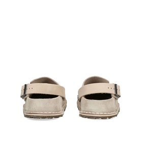 Birkenstock Lutry Oyster Flats in white suede leather, rear view showing buckle strap detail and contoured footbed