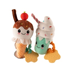 Play Easy multi-coloured ice cream and milkshake plush soft toys with smiling faces, sprinkles and waffle cone details