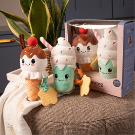 Play Easy multi-coloured ice cream character plush toys, set of three with smiling faces, shown beside branded gift box packaging