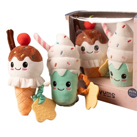 Play Easy multi-colour ice cream and milkshake plush toy set, shown outside and inside illustrated gift box packaging