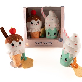 Play Easy Yum Yums multi-coloured ice cream plush toys, set of two shown in and out of gift box packaging