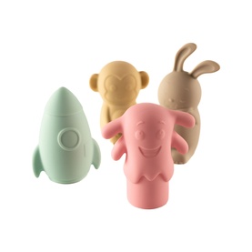 Set of four pastel silicone finger puppets including a mint rocket, pink ghost, tan monkey, and beige bunny, displayed upright on white background.