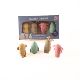 Set of four Dantoy Chatter Puppets silicone finger puppets in muted pink, sage, tan and blue, shown with box packaging.