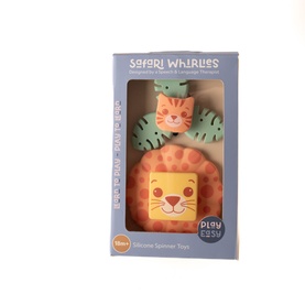 Play Easy Safari Whirlies silicone spinner toy set in multi, featuring lion and tiger characters with leaf design, in box packaging.