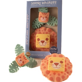 Play Easy Safari Whirlies multi-coloured silicone spinner toy set with lion face and leaf pieces, shown with packaging box