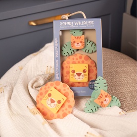 Play Easy Safari Whirbles multi-coloured wooden stacking lion and tiger toy set shown in gift box packaging