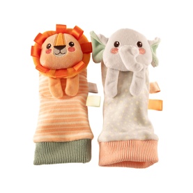 Play Easy multi soft hand puppet toys, lion in orange stripe and elephant in grey, with ribbon tags, shown as a pair