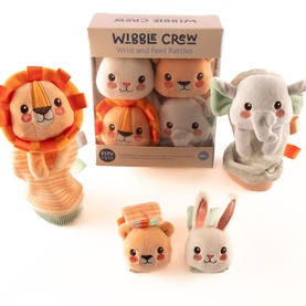Play Easy Wiggle Crew wrist and feet rattles set in multi, featuring lion, bunny and elephant soft toy rattles with striped socks