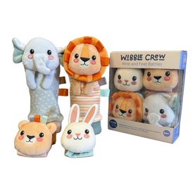 Play Easy Wibble Crow wrist and feet rattles set in multi, featuring safari animal soft toys including lion, elephant, bunny and bear characters