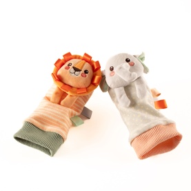 Play Easy multi-coloured lion and elephant hand puppet toys, soft plush with ribbed cuffs, sold as a pair