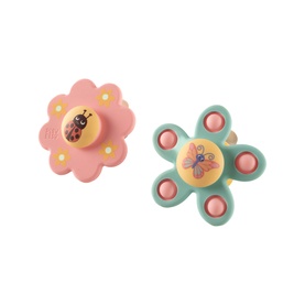 Two flower-shaped spinner toys in pink and teal with ladybird and butterfly motifs, pink bubble-pop petals, suitable for babies