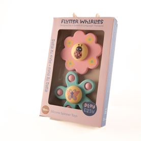 Play Ezy Flutter Whirlies silicone spinner toys set in pink and teal, featuring ladybird and butterfly designs, shown in box packaging