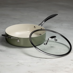 Prochef Signature 26cm Pressed Ceramic Saut&eacute; Pan in Sage Green with cream interior, glass lid, and dual handles on marble surface.