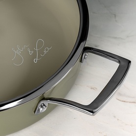 Prochef Signature 26cm Pressed Ceramic Saut&eacute; Pan in sage green with polished silver handles and script logo detail.