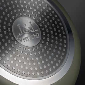 Prochef Signature 26cm Pressed Ceramic Saut&eacute; Pan in Sage Green, close-up of textured ceramic interior with branded silver logo detail.