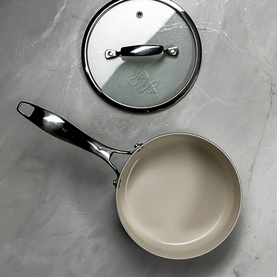 Prochef Signature 20cm Ceramic Pressed Saucepan in Sage Green with glass lid and silver handle, ceramic interior, on marble surface