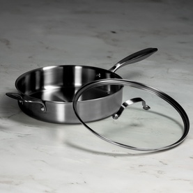 Prochef 28cm Tri-Ply Stainless Steel Saut&eacute; Pan with glass lid and dual handles, shown on marble surface