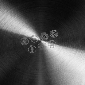 Prochef 28cm Tri-Ply Stainless Steel Saut&eacute; Pan base showing compatibility icons for all hob types including induction